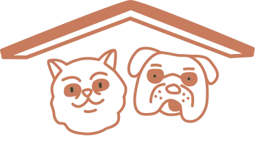 Pixel art style outline of a cat and dog faces under a roof shape, symbolizing pet shelter or home.