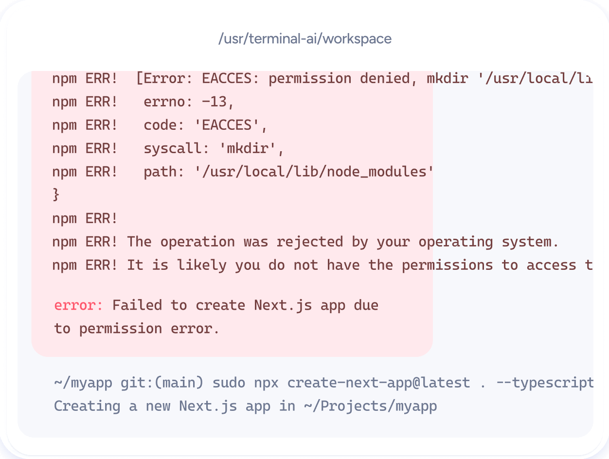 Terminal Showing NPM EACCES Permission Error During NextJS Setup TerminalAI Webflow Templatee 3 | BRIX Template