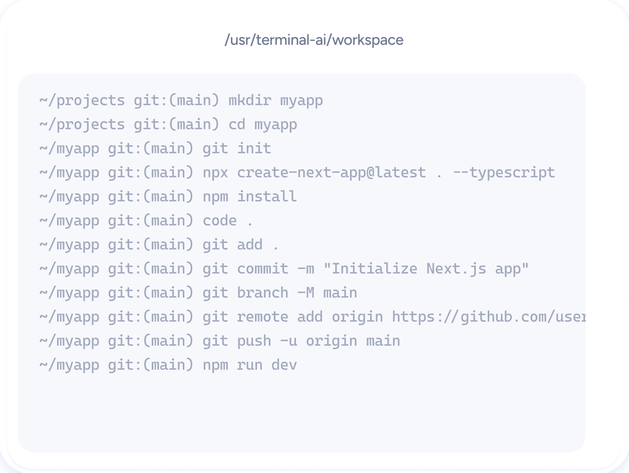 Terminal Showing NextJS Project Setup Commands In Workspace TerminalAI Webflow Template | BRIX Template