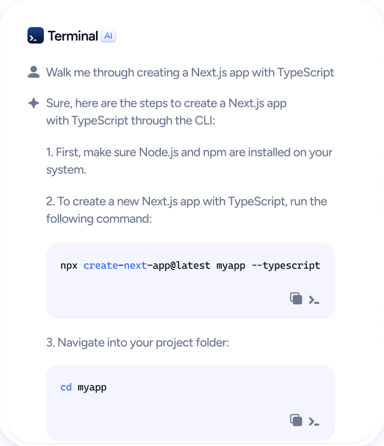 Terminal AI Chat Showing NextJS Typescript Setup Steps TerminalAI Webflow Template | BRIX Template