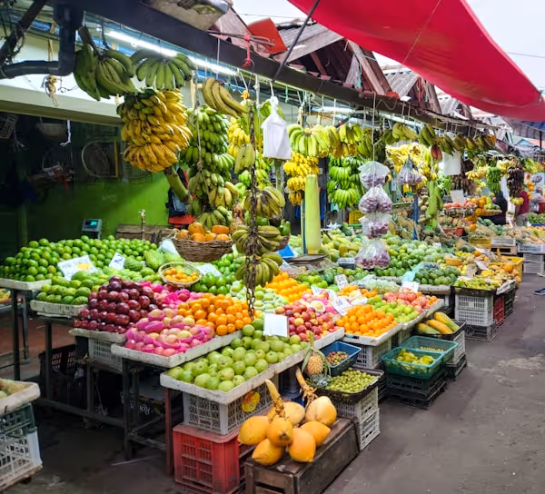 A well-stocked fruit stall, located in Kandy market in Sri Lanka.