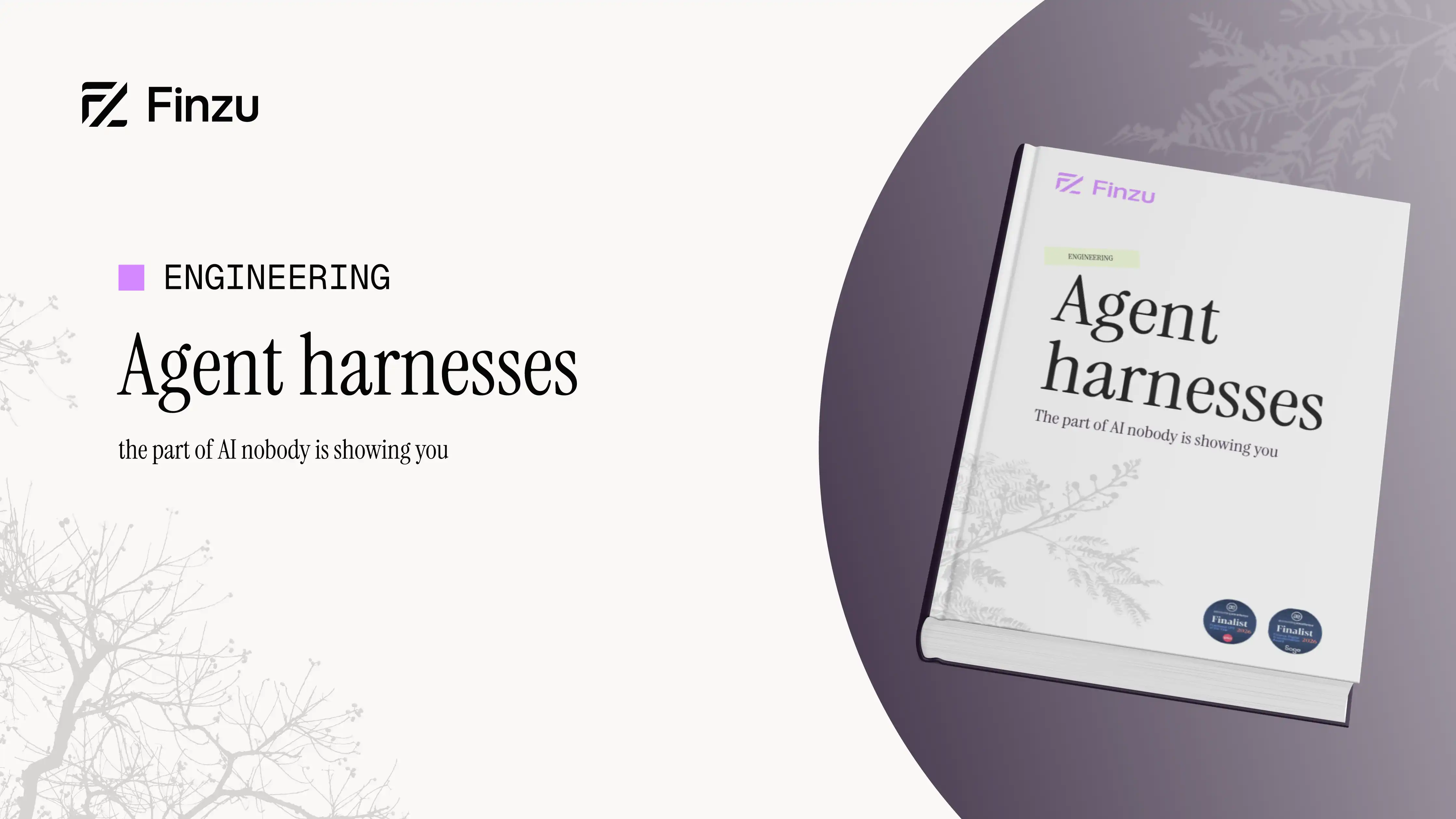 A book titled "Agent harnesses: The part of AI nobody is showing you" is displayed on a gray circular background with the Finzu logo above.