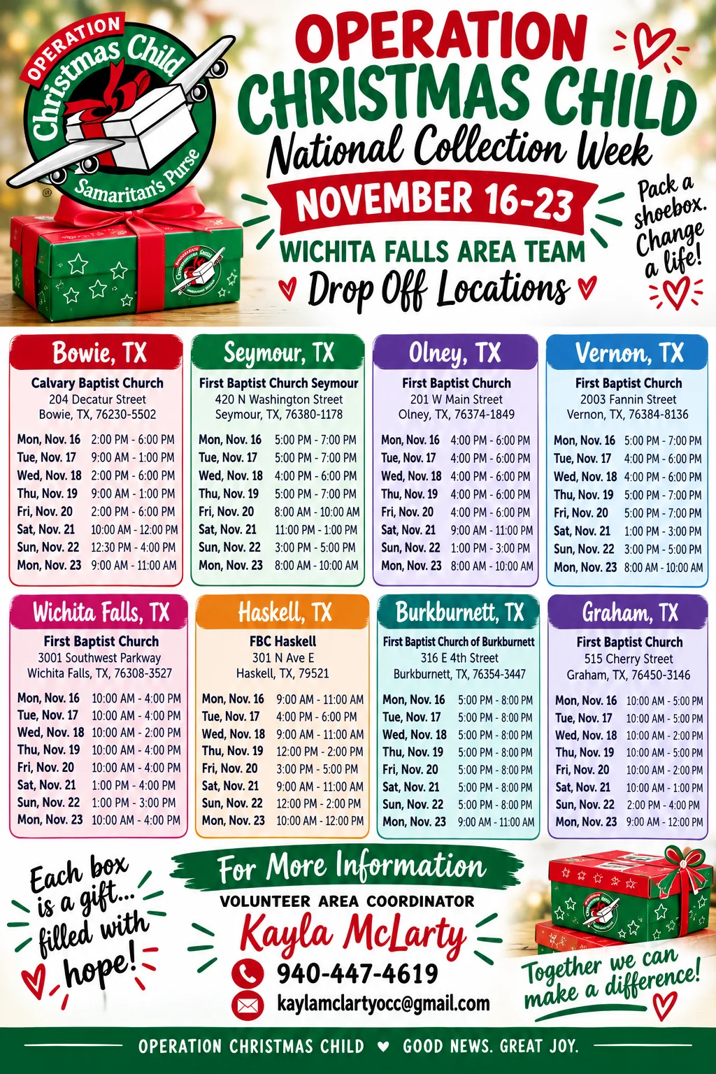Operation Christmas Child National Collection Week, November 16-23: Wichita Falls Area Team drop-off locations and hours in Bowie, Seymour, Olney, Vernon, Wichita Falls, Haskell, Burkburnett, and Graham