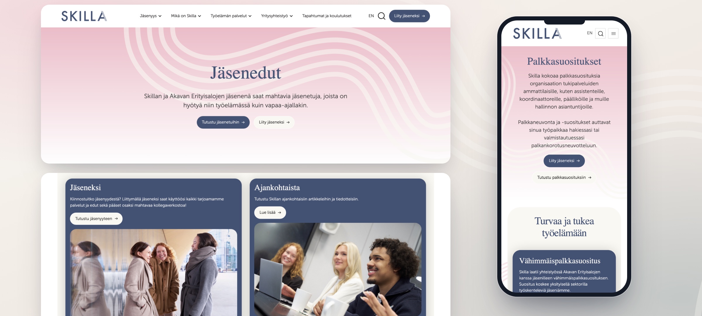 Jäsenyyssivun hero, etusivun nostokortit ja palkkasuositukset mobiilissa