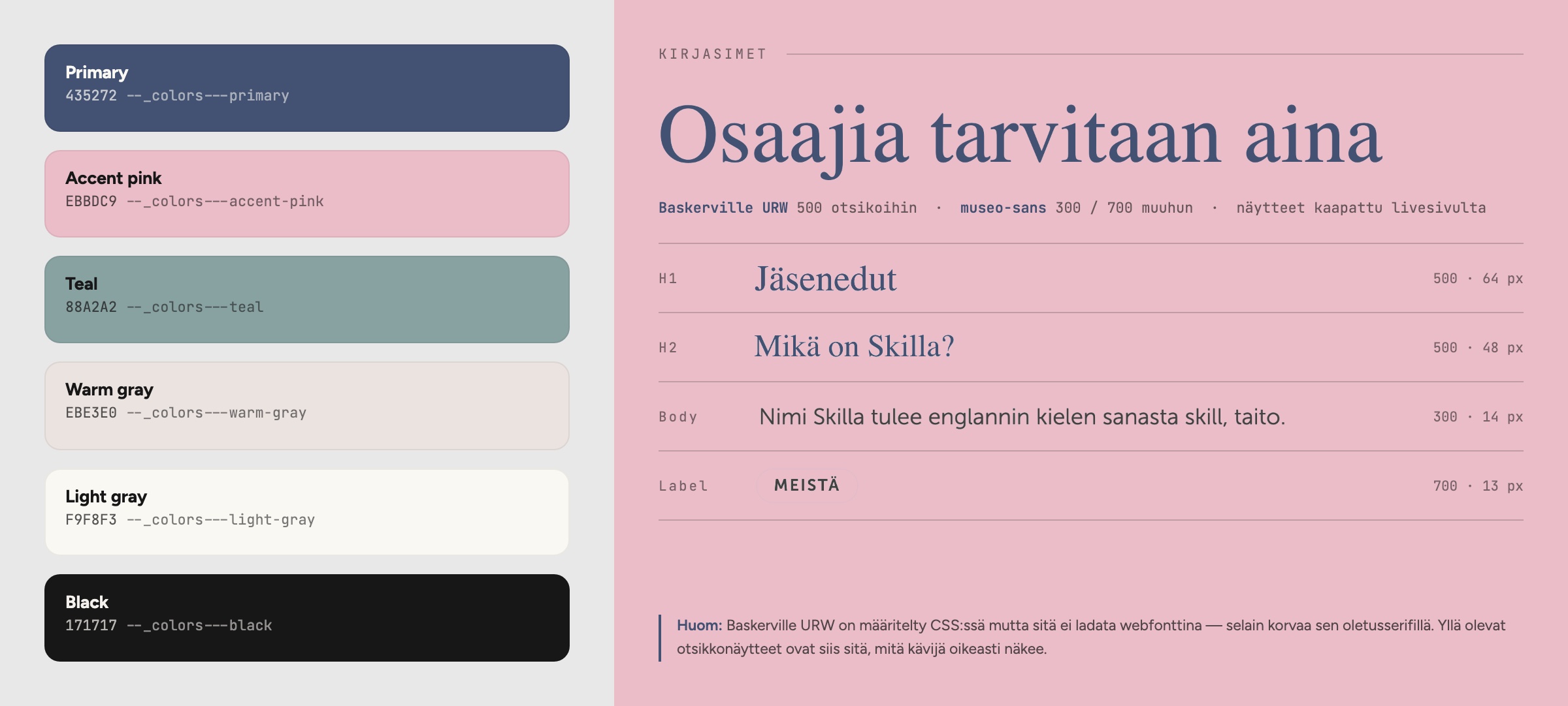 Skillan värimuuttujat ja typografia