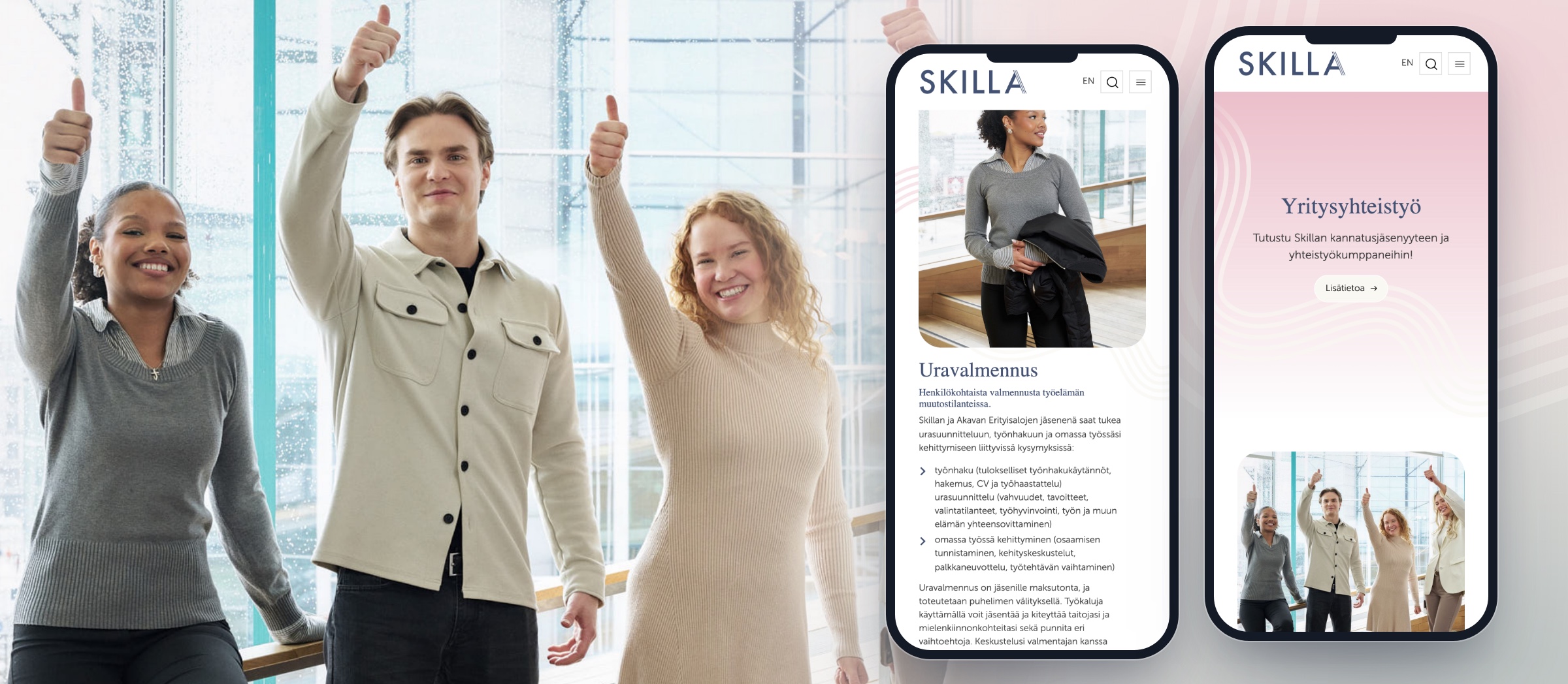 Yritysyhteistyösivun valokuva sekä uravalmennus ja yritysyhteistyö mobiilissa