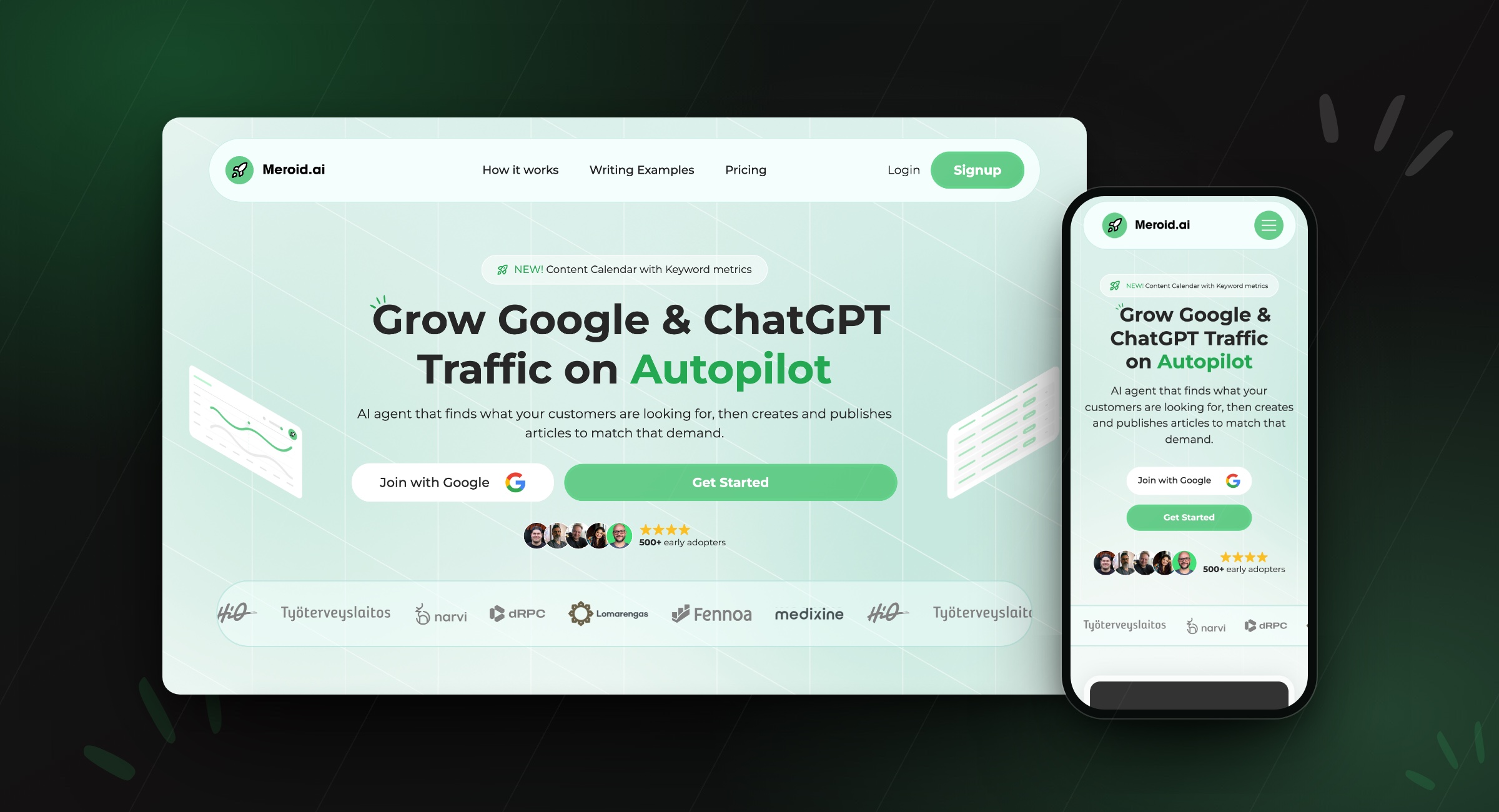 Meroid AI:n verkkosivuston etusivu työpöydällä ja puhelimessa: otsikko Grow Google & ChatGPT Traffic on Autopilot ja asiakaslogojen rivi.