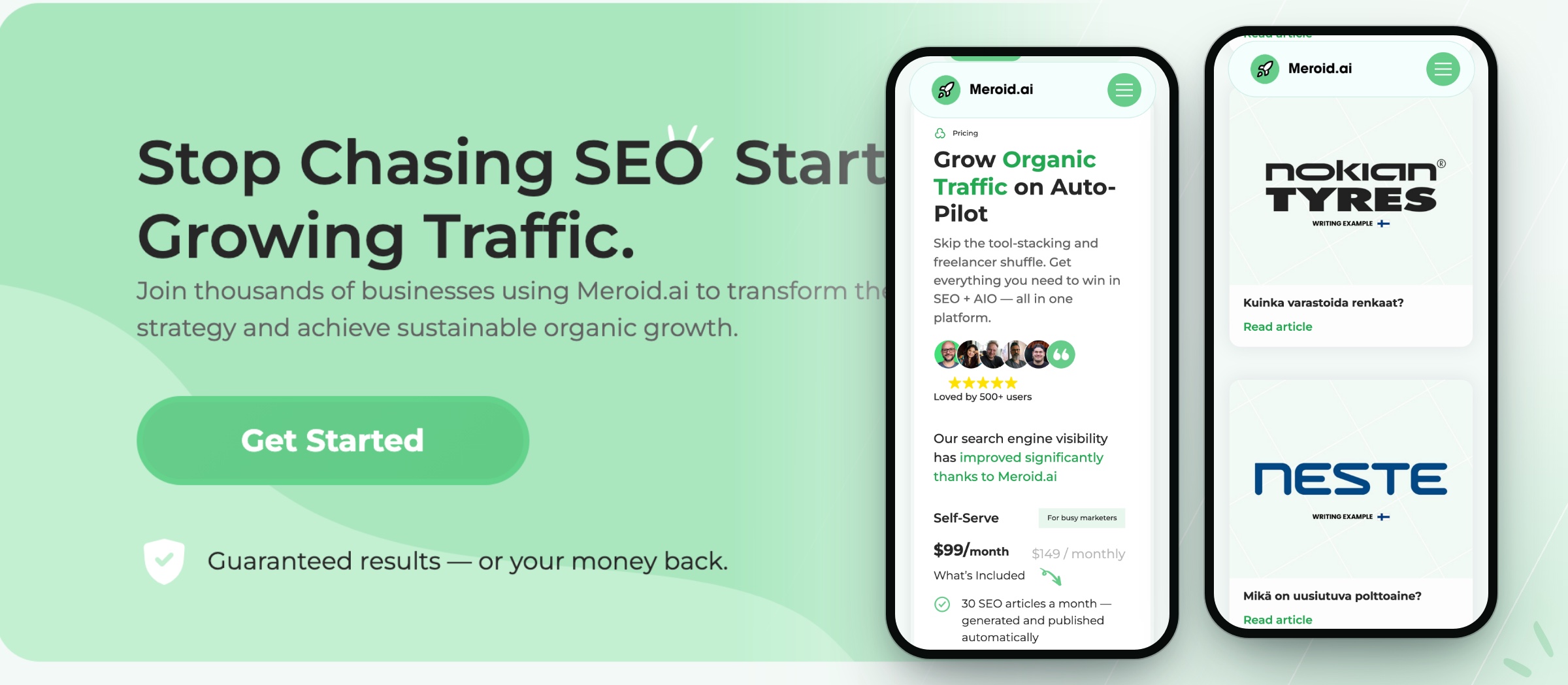 Meroid.ai:n Stop Chasing SEO -kehotusosio ja kaksi puhelinnäkymää: hinnoittelu sekä kirjoitusnäytteiden listaus.