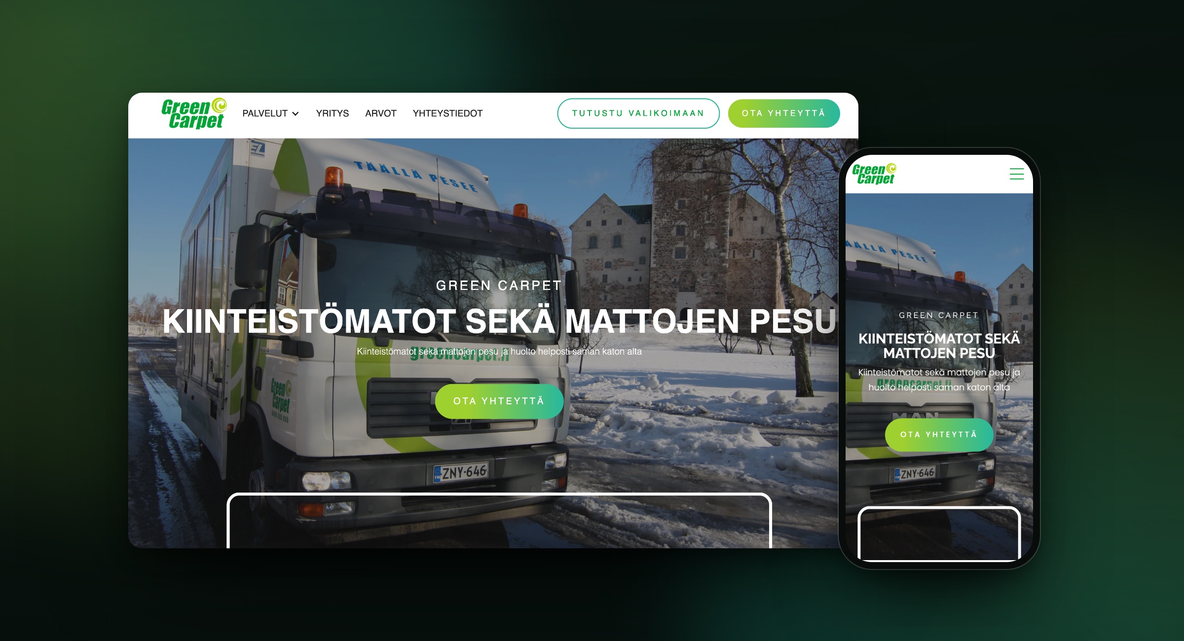 Green Carpetin etusivu työpöydällä ja puhelimessa: liikkuva mattopesula Turun linnan edessä ja otsikko Kiinteistömatot sekä mattojen pesu.