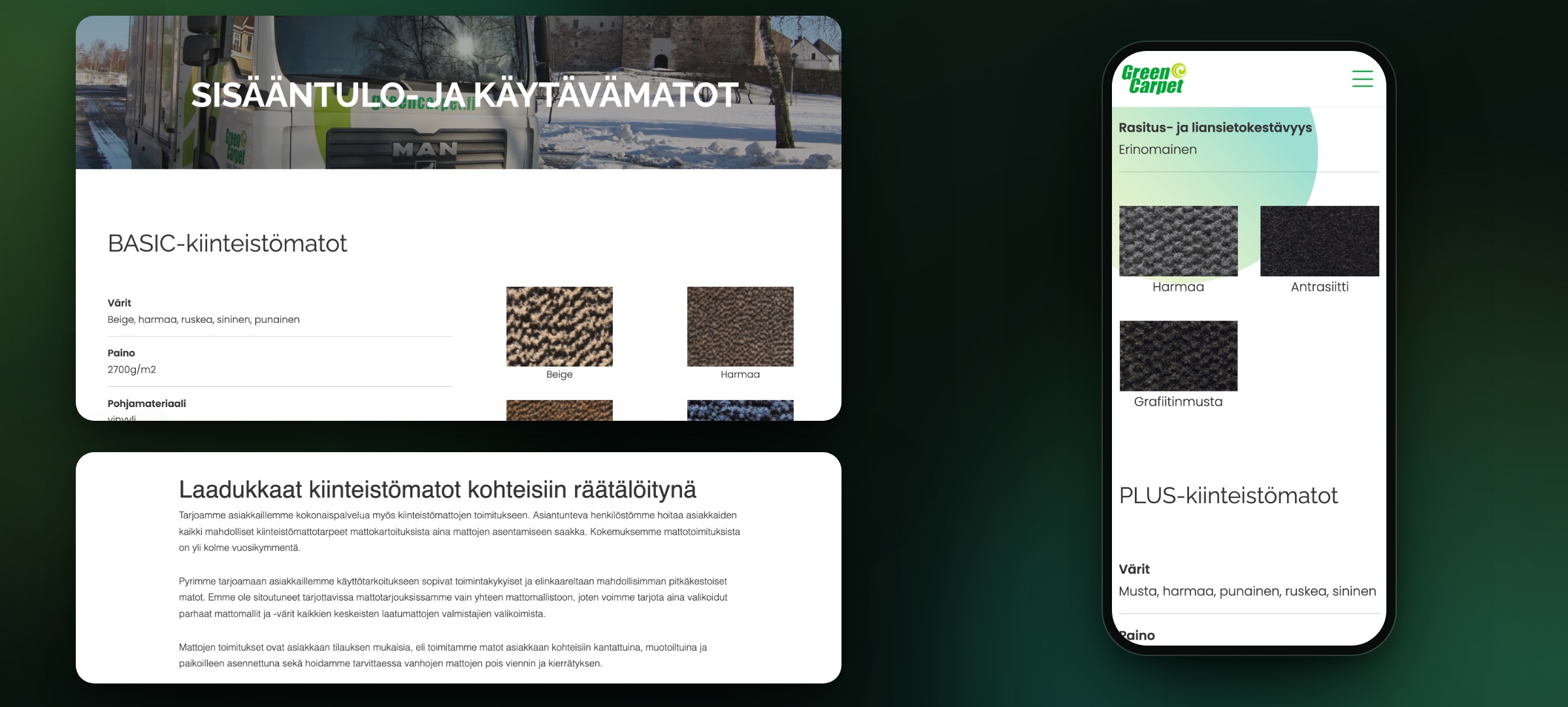 Green Carpetin mattomallisto: BASIC-kiinteistömattojen tekniset tiedot ja värinäytteet sekä mallistosivun tekstiosio.