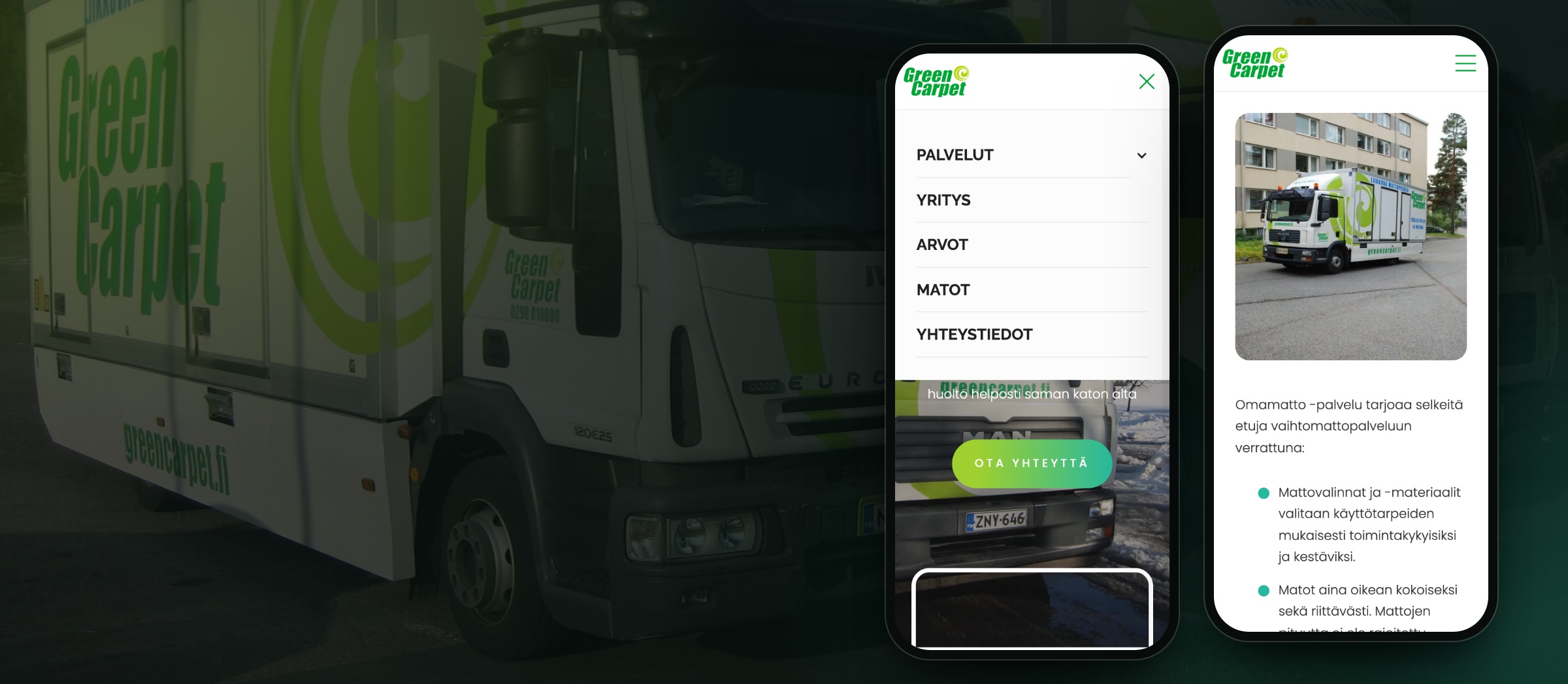 Green Carpetin sivusto puhelimessa: avattu mobiilivalikko ja OmaMatto-palvelusivu, taustalla yrityksen pesuautot.