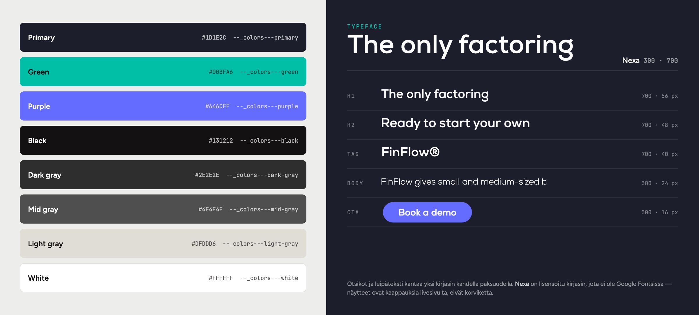 FinFlow'n väripaletti CSS-muuttujanimineen ja Nexa-kirjasimen kokoskaala