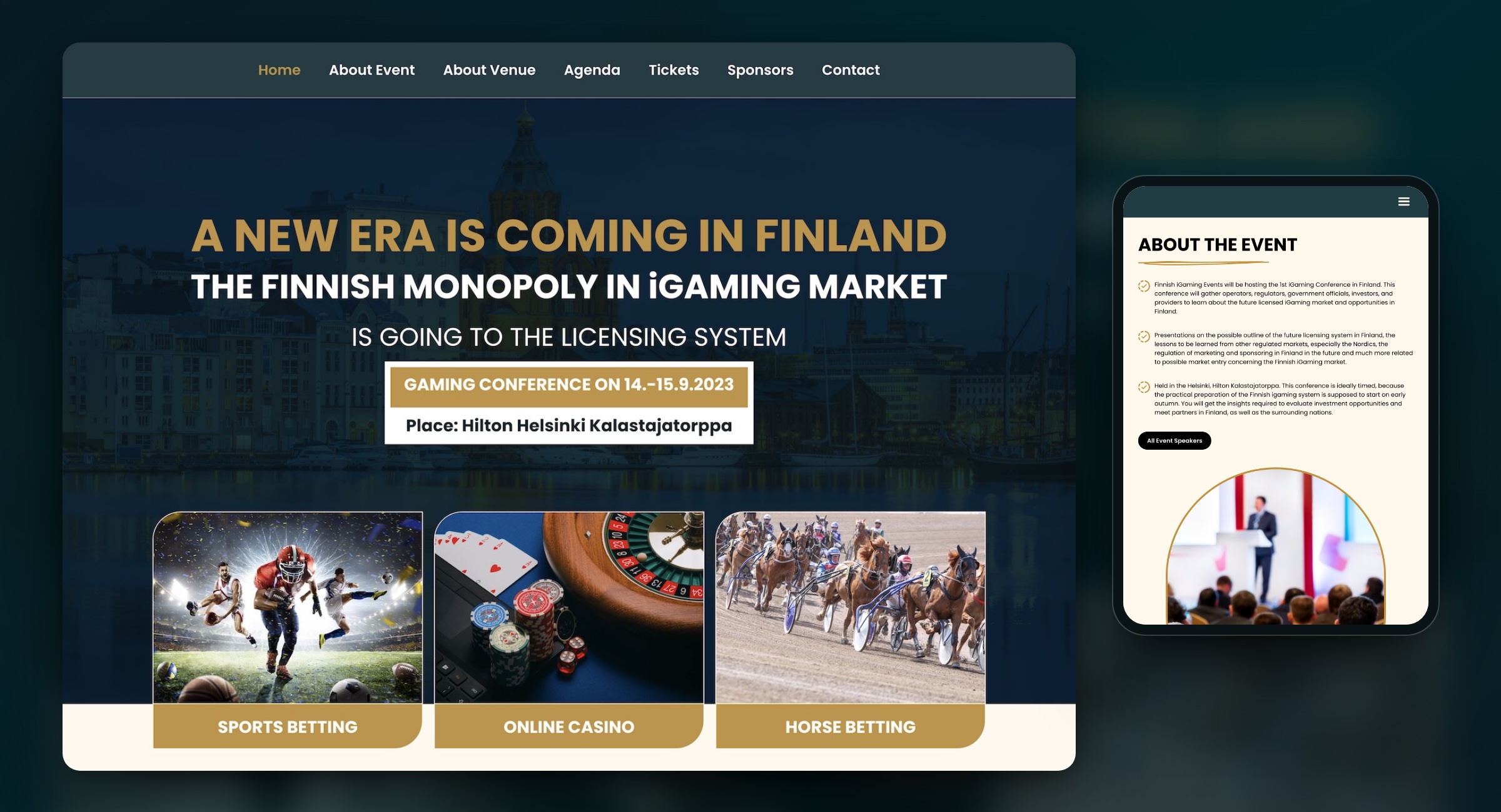 Finnish iGaming Events -konferenssisivuston etusivu vuodelta 2023, otsikko "A new era is coming in Finland" Helsingin siluetin päällä