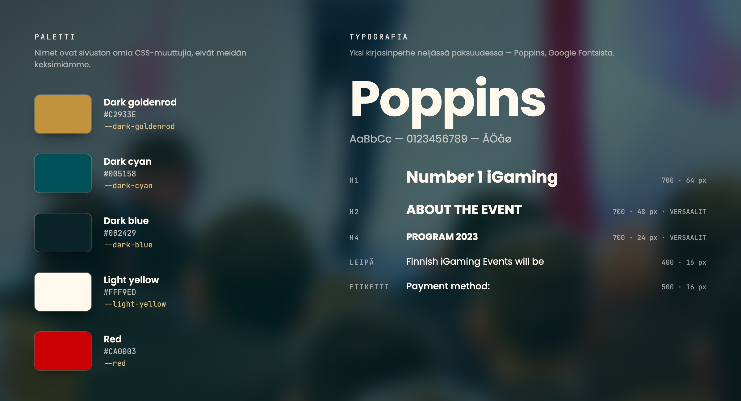 Sivuston väripaletti CSS-muuttujanimineen ja Poppins-typografia