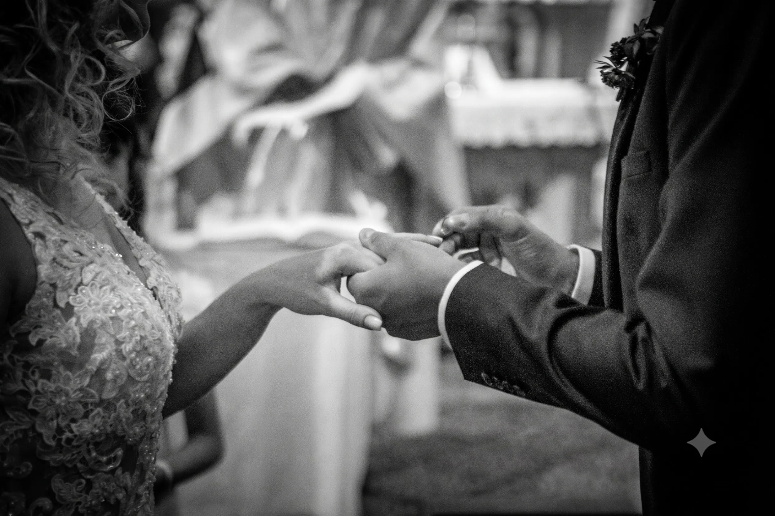 Un couple en train de porter leurs anneaux de mariage, célébrant leur union dans un moment tendre et romantique.