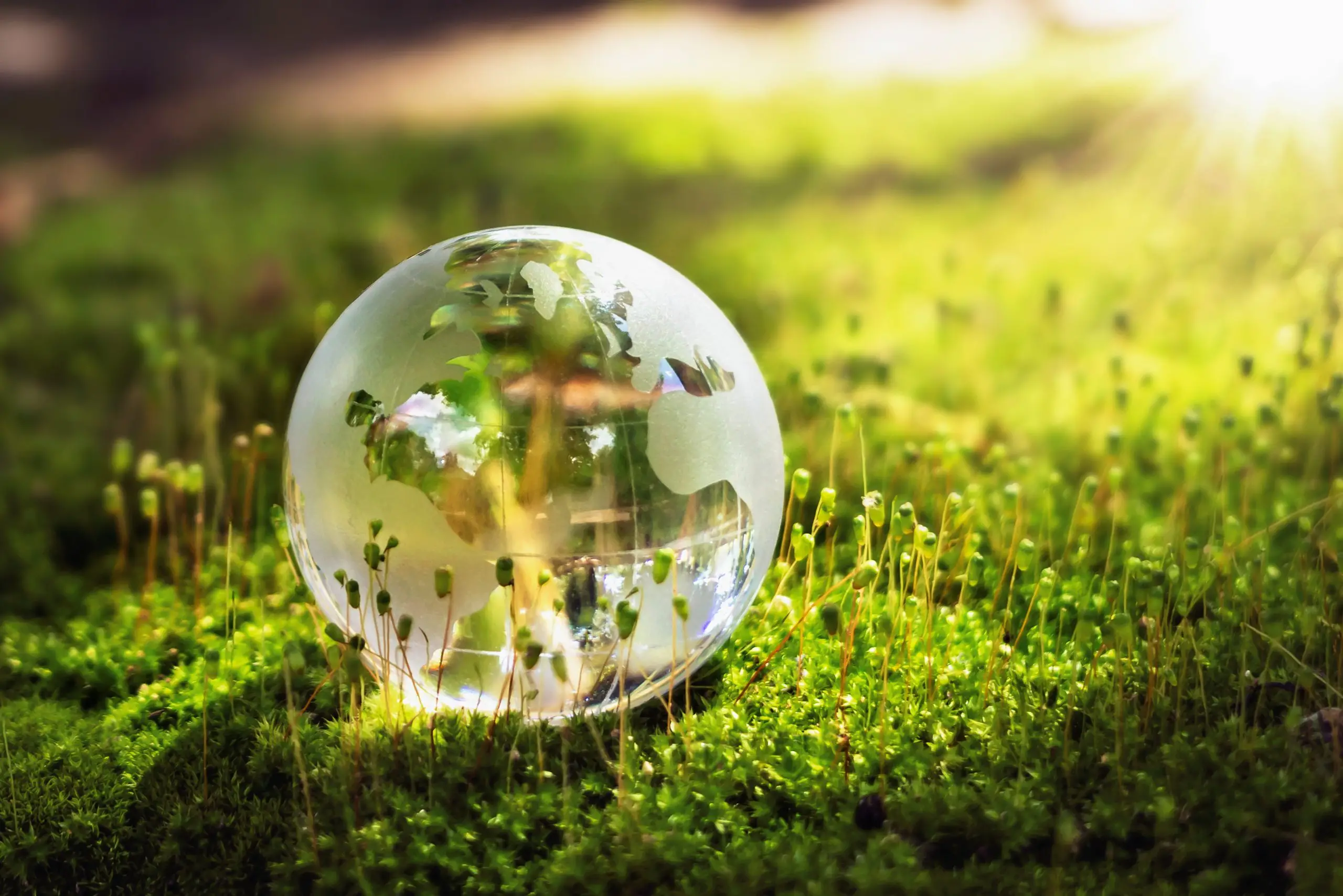 Glazen wereldbol ligt op groen mos met zonlicht op de achtergrond.