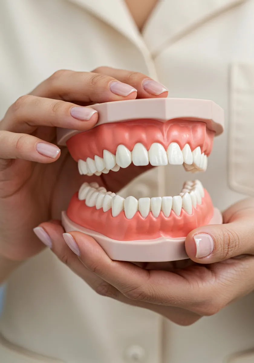 Hands holding an open dental model showing upper and lower teeth and gums.
