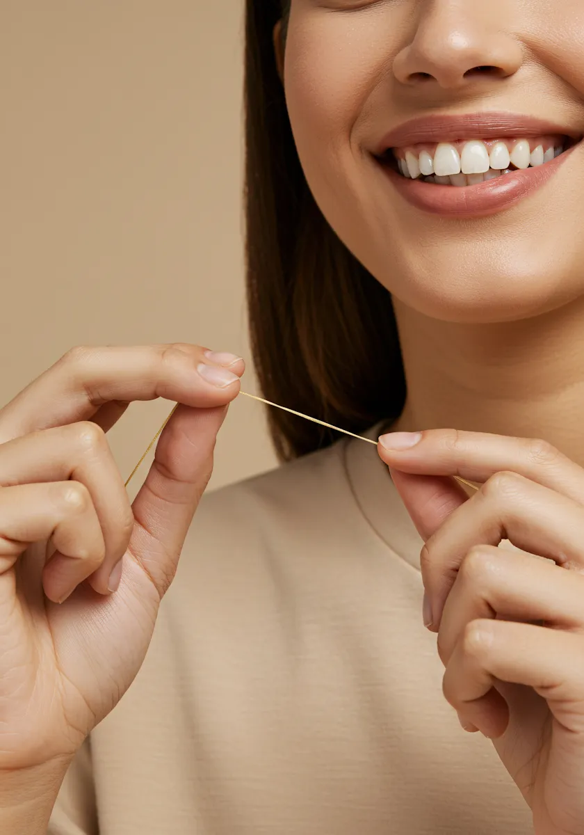 Close-up of a smiling woman holding and stretching dental floss between her fingers.