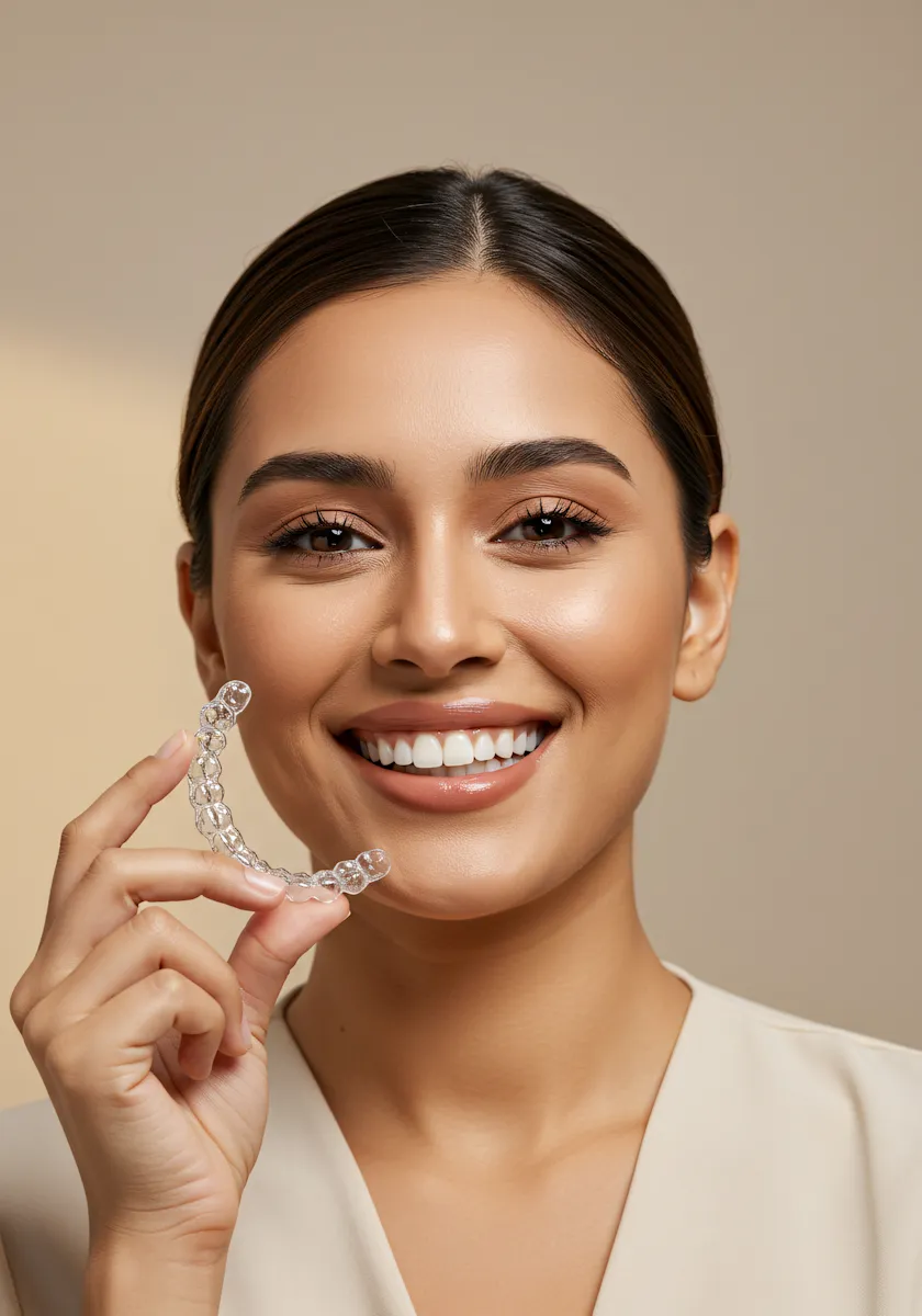 Smiling woman holding a clear dental aligner near her face against a beige background.