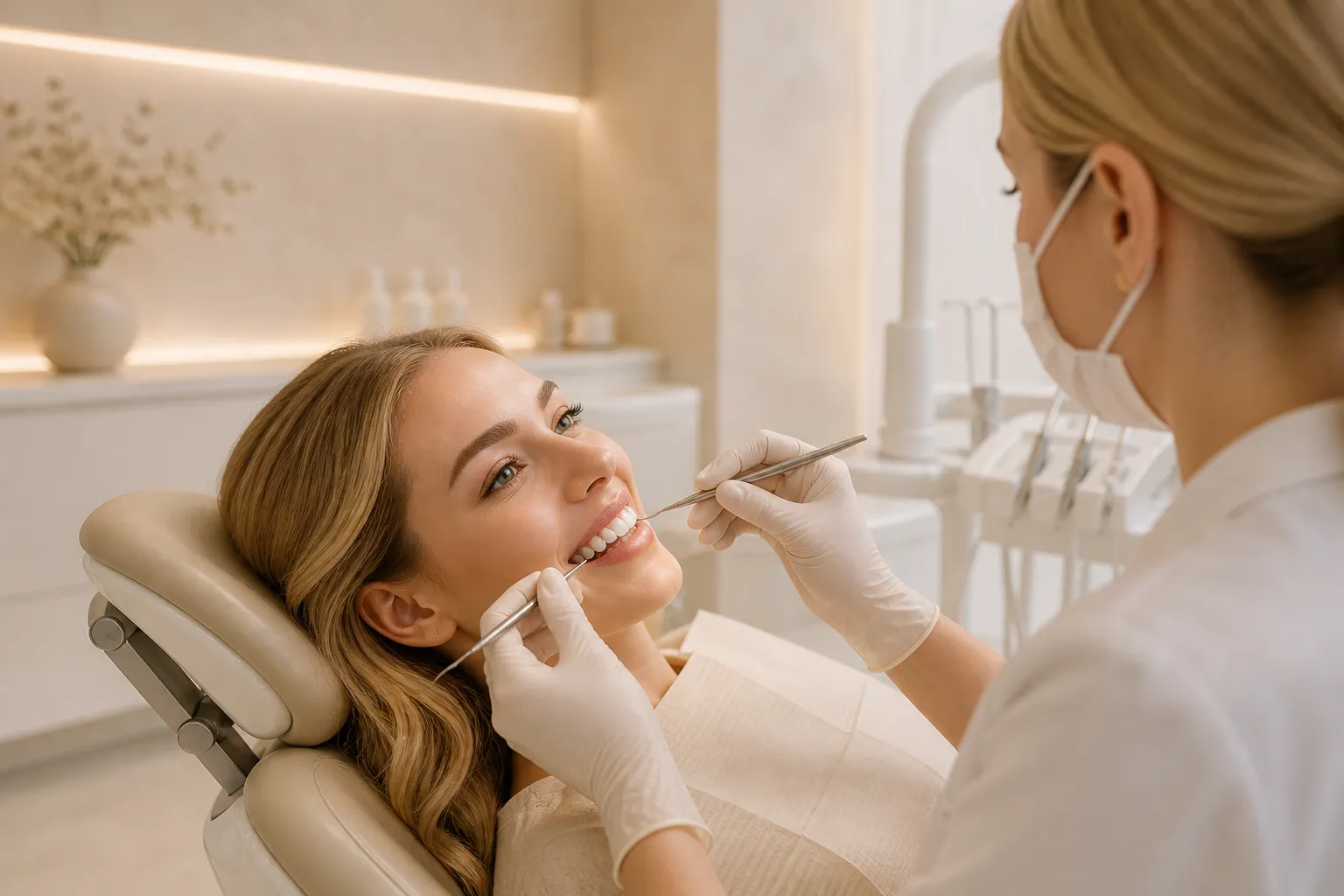 Dentist wearing gloves and mask examining a smiling woman's teeth in a dental clinic chair.