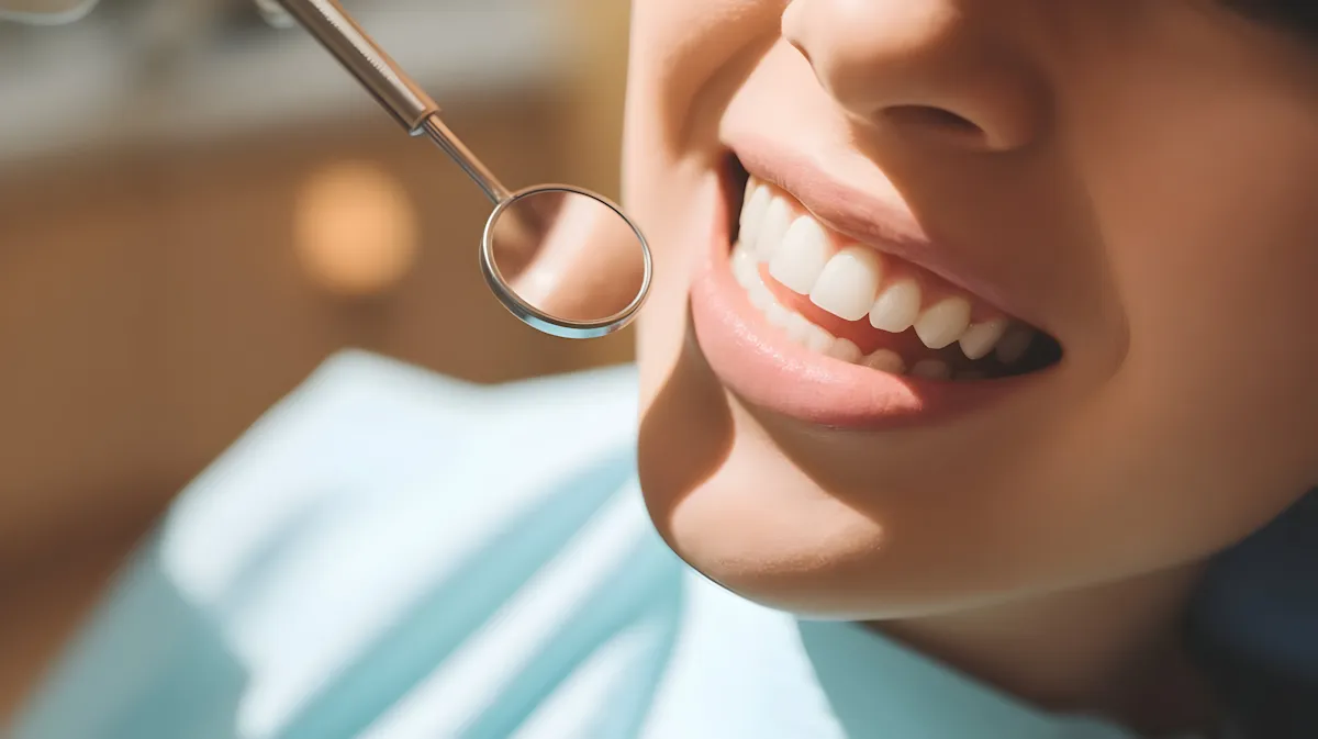 Close-up of smiling person showing white teeth with dental mirror near their mouth.