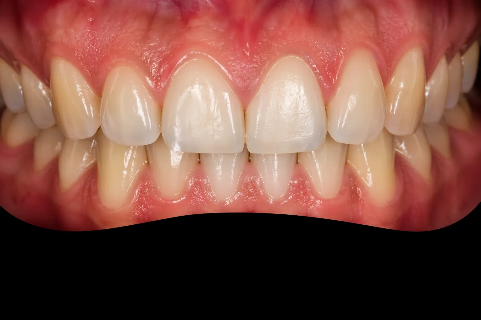 Close-up of upper and lower human teeth with healthy pink gums and no visible dental issues.