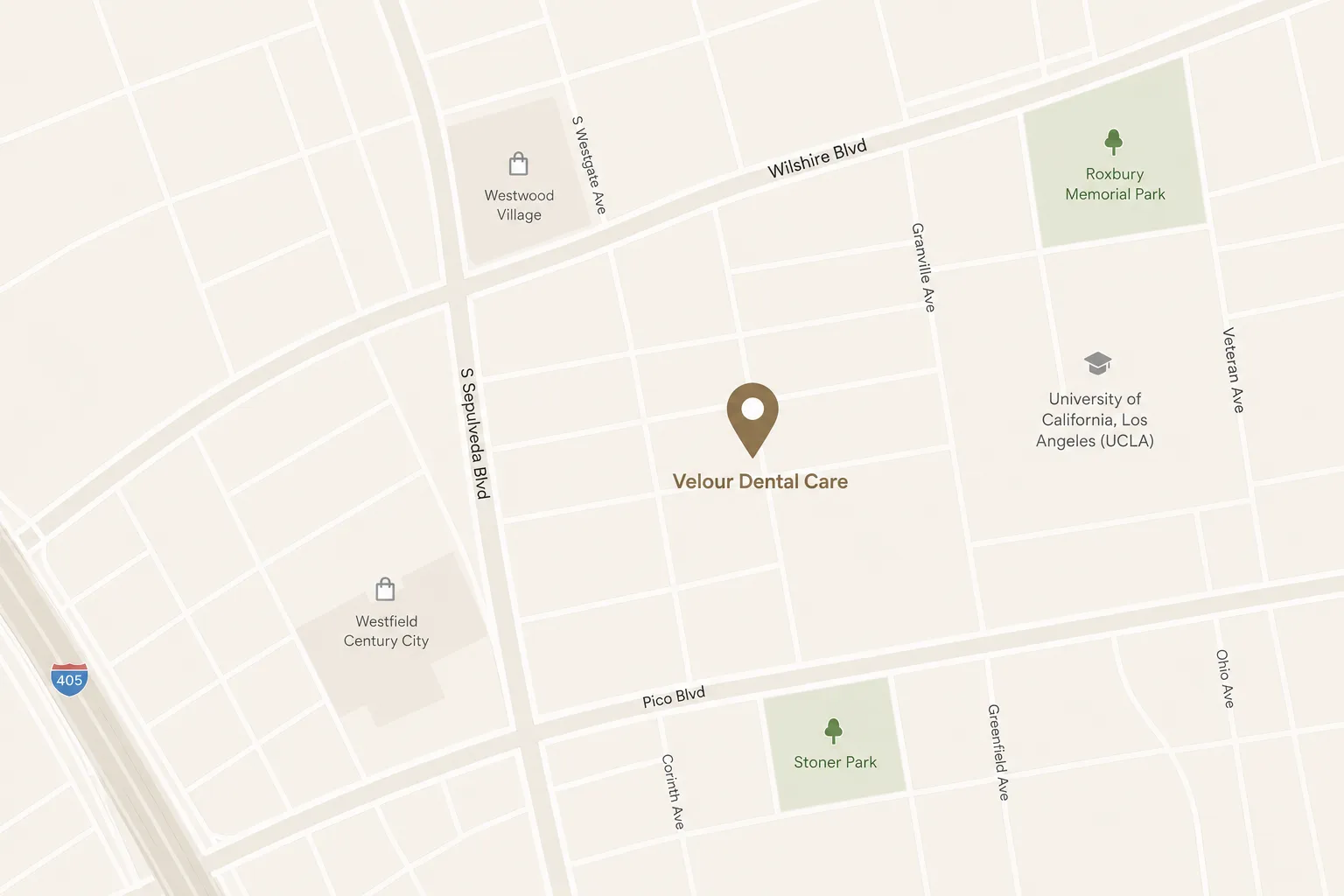 Map showing Velour Dental Care near UCLA, Westfield Century City, Roxbury and Stoner Parks in Los Angeles.