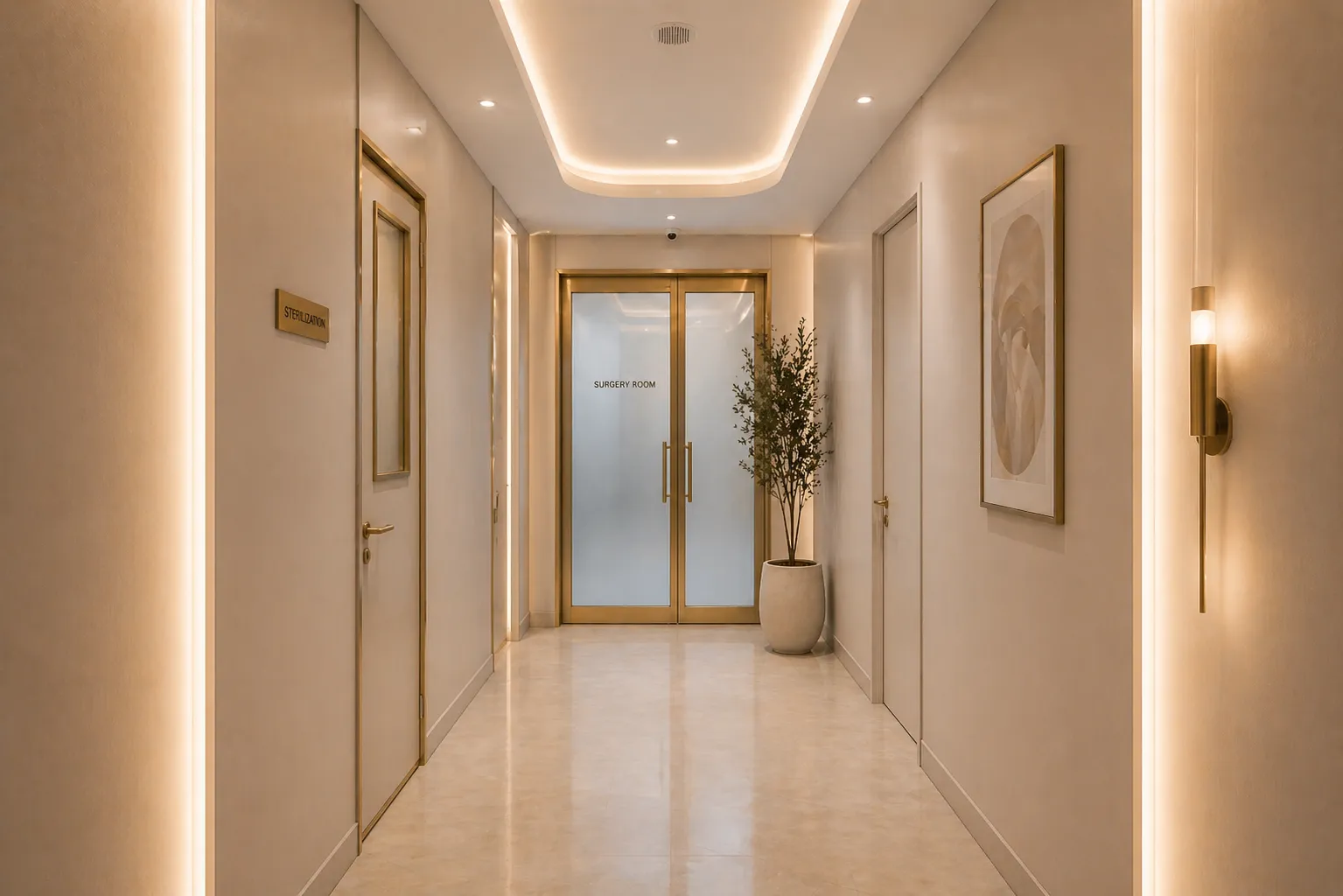Modern corridor with soft lighting leading to frosted glass doors labeled Surgery Room and a potted plant.