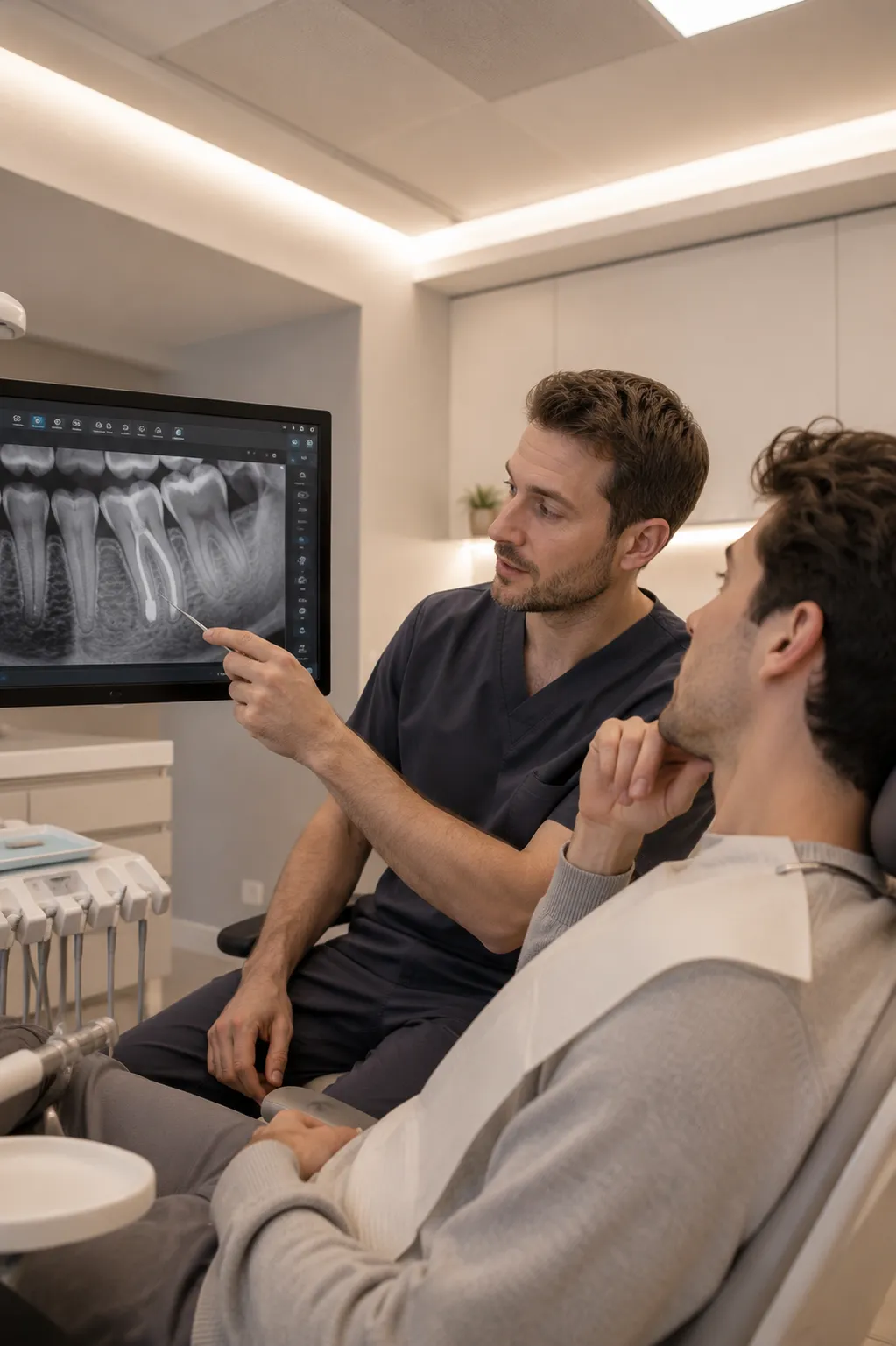 Dentist explains dental X-ray on screen to male patient in dental clinic.