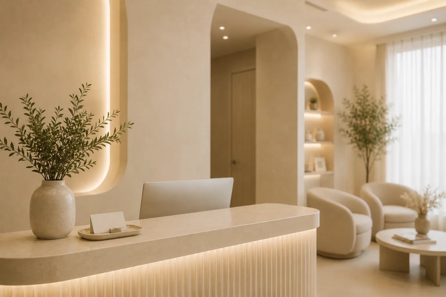 Modern beige reception desk with a vase, chair, and cozy seating area with plants in soft lighting.