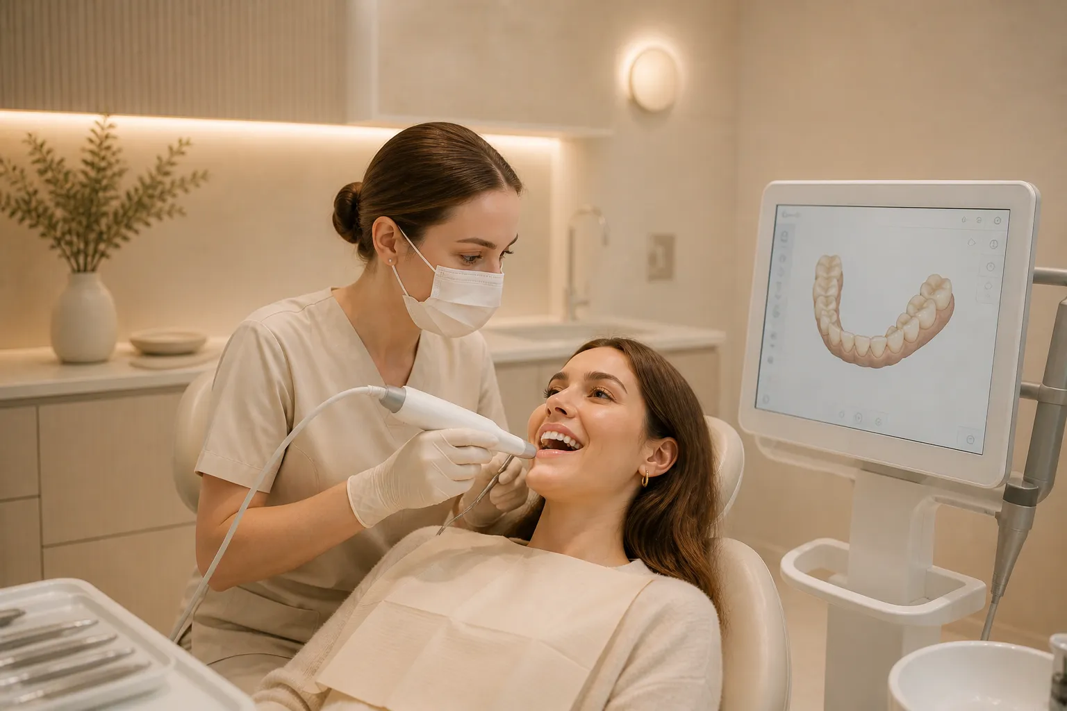 Dentist using a digital scanner on a smiling patient with dental 3D image on screen.