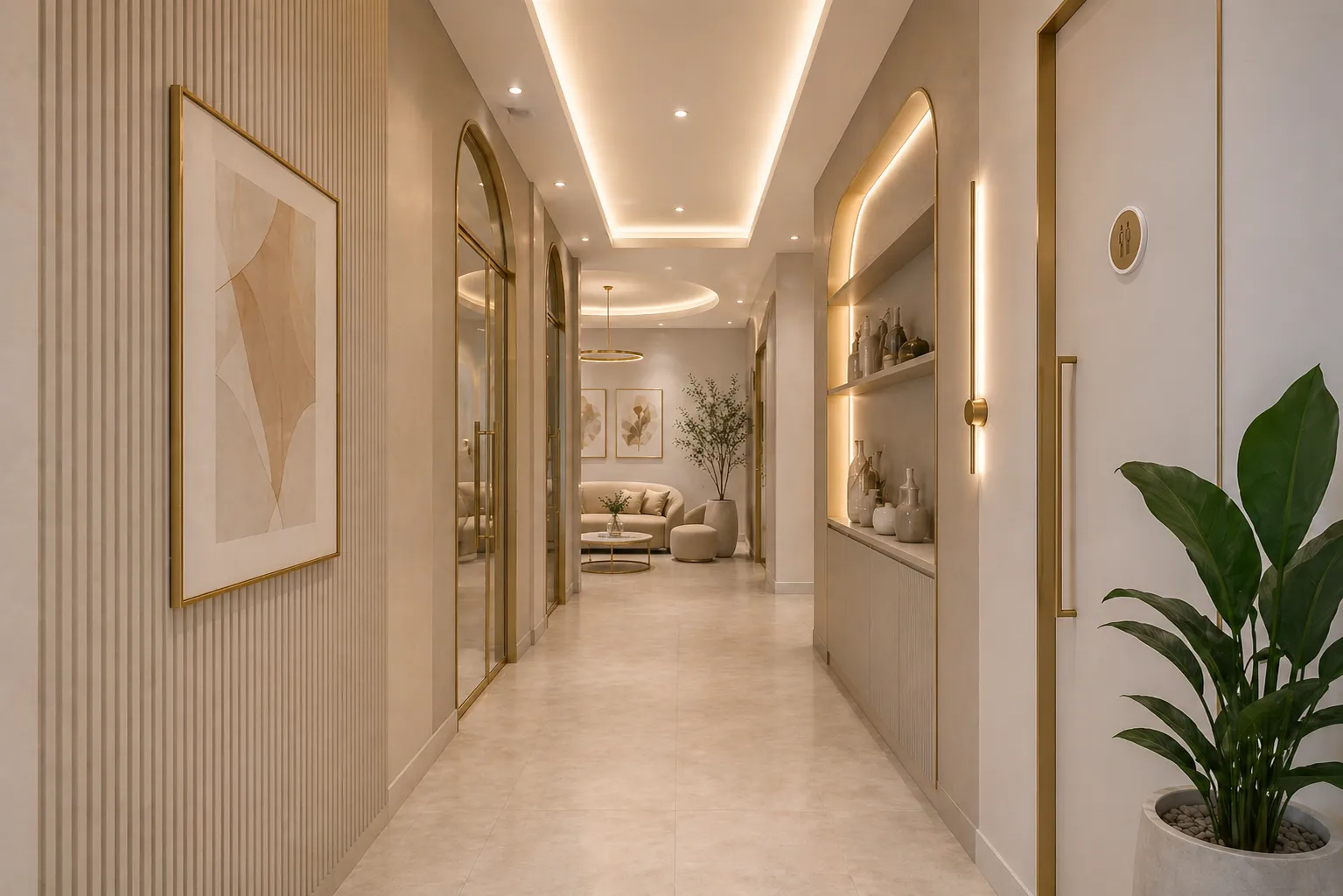 Modern beige hallway with gold accents, framed abstract art, plants, and a cozy seating area at the end.