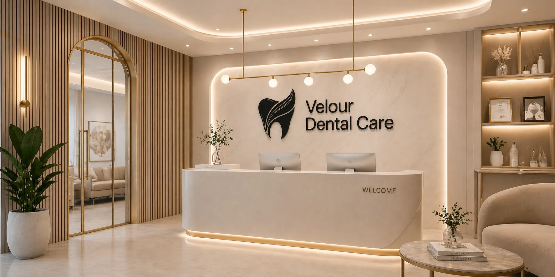 Modern dental clinic reception with white desk, plant, gold accents, and Velour Dental Care logo on wall.