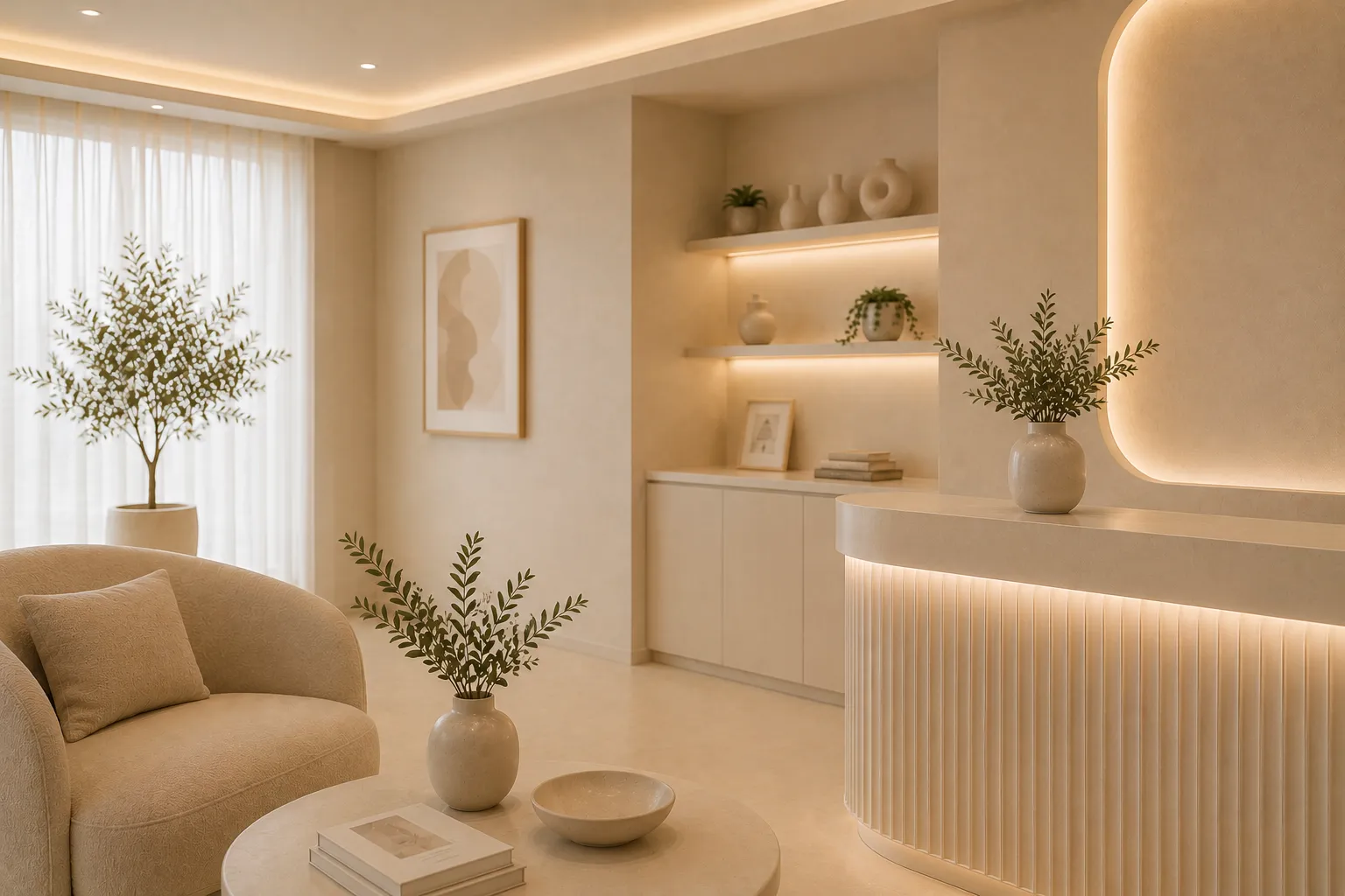 Minimalist beige room with curved sofa, vases with greenery, round table, and built-in shelves with decor.