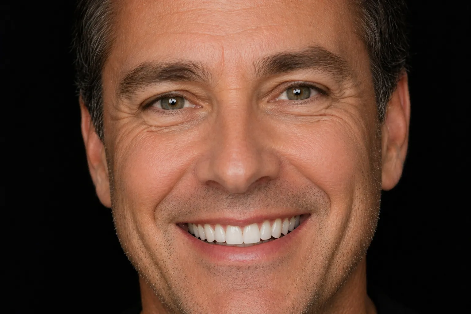 Close-up of a smiling middle-aged man with light stubble and green eyes on a black background.