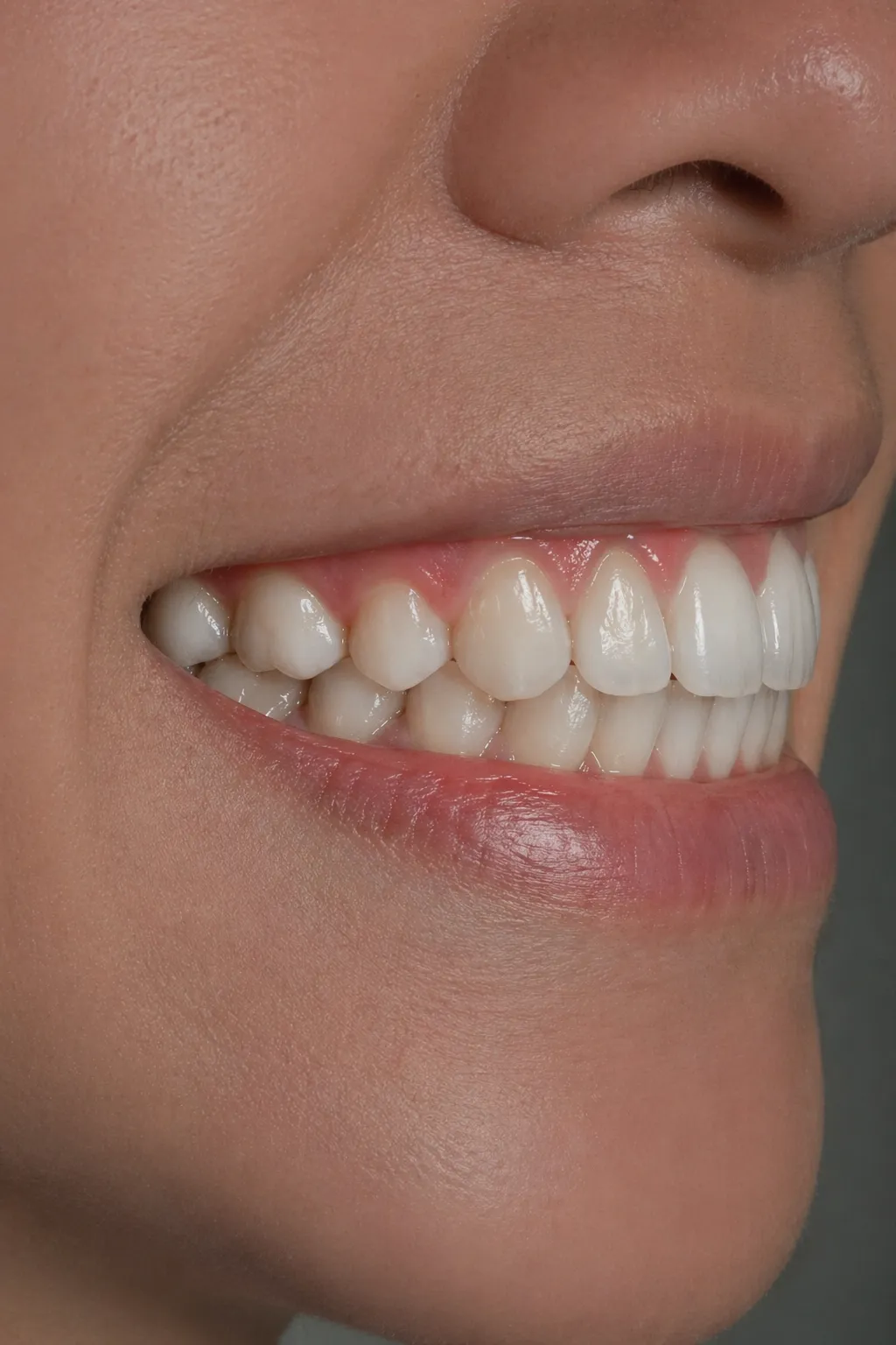 Close-up of a smiling mouth showing white, healthy teeth and pink gums.