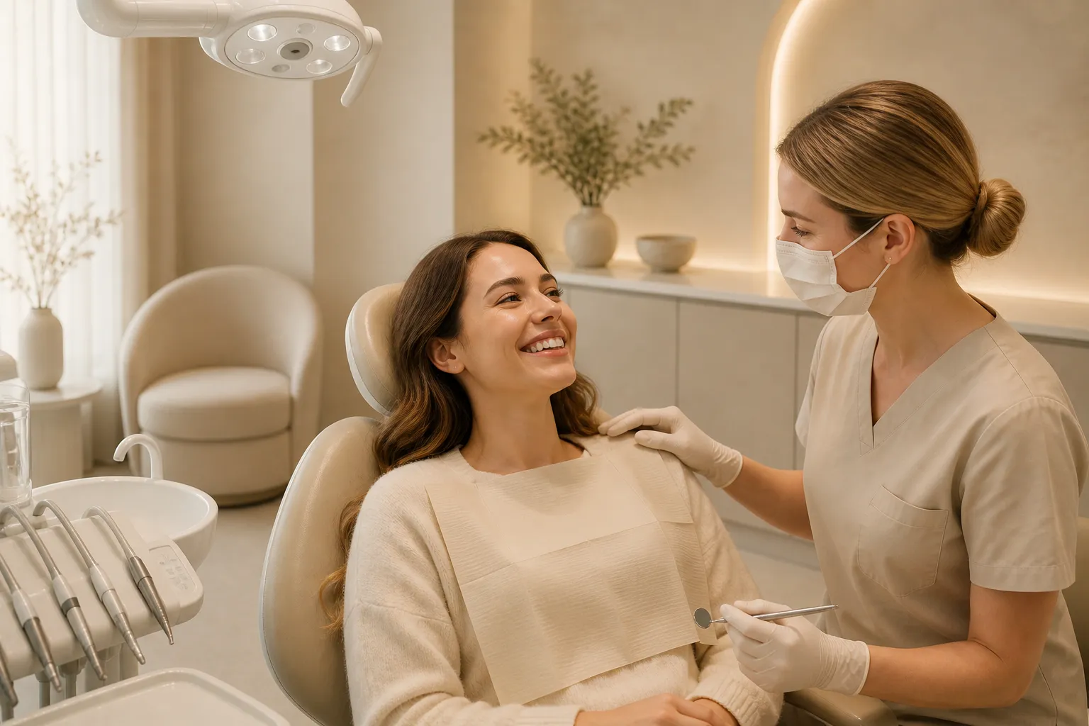 Dentist wearing mask and gloves talks to smiling female patient in a modern dental clinic.
