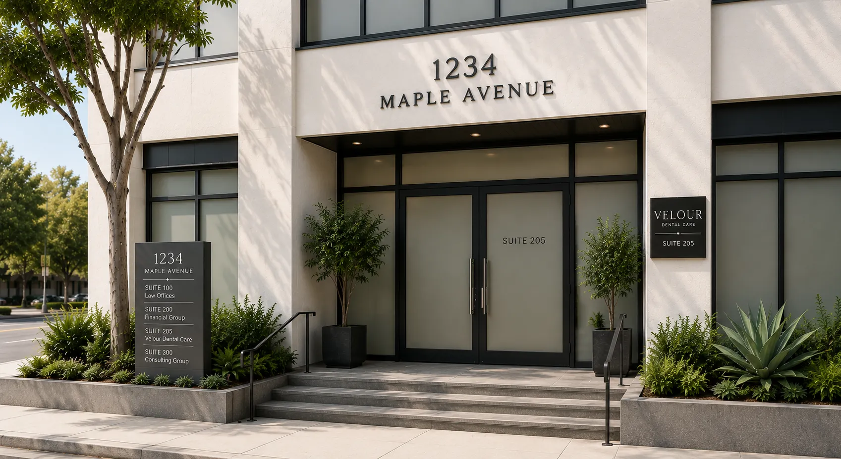 Entrance to 1234 Maple Avenue with signs listing suites including Velour Dental Care Suite 205.