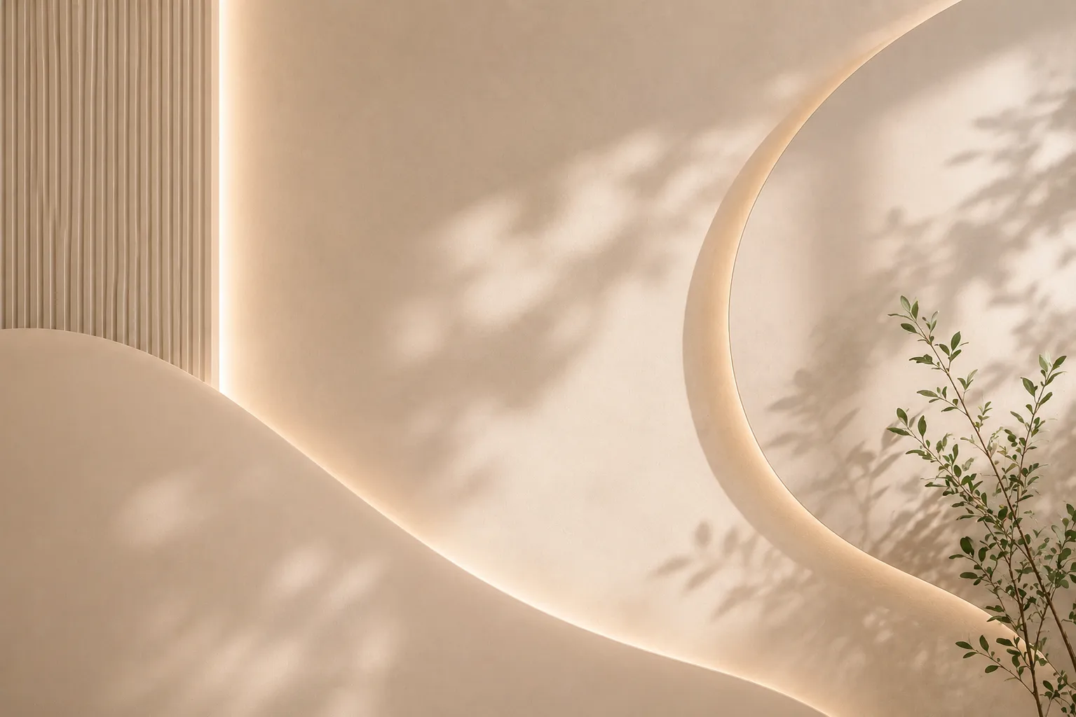 Green plant casting shadow on beige wall with curved architectural shapes and soft lighting.