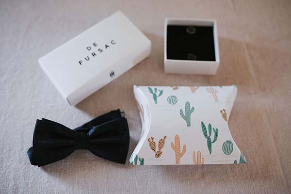 Nœud papillon noir, boîte blanche et pochette à motifs de cactus sur un fond neutre.