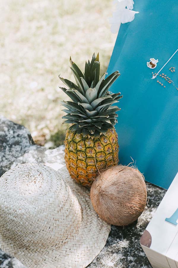 Nature morte tropicale avec un ananas, une noix de coco et un chapeau de paille sur un fond bleu vif.