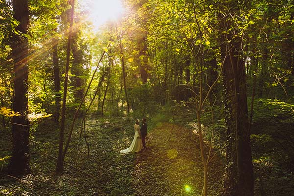Couple de mariés s'enlaçant dans une forêt ensoleillée aux tons verts et dorés, ambiance bucolique et romantique.