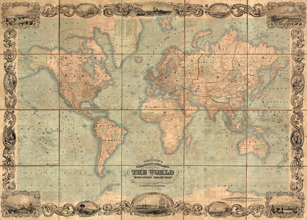 Ancienne carte du monde vintage aux tons sépia et bleu pastel, entourée d'un cadre ornemental classique.