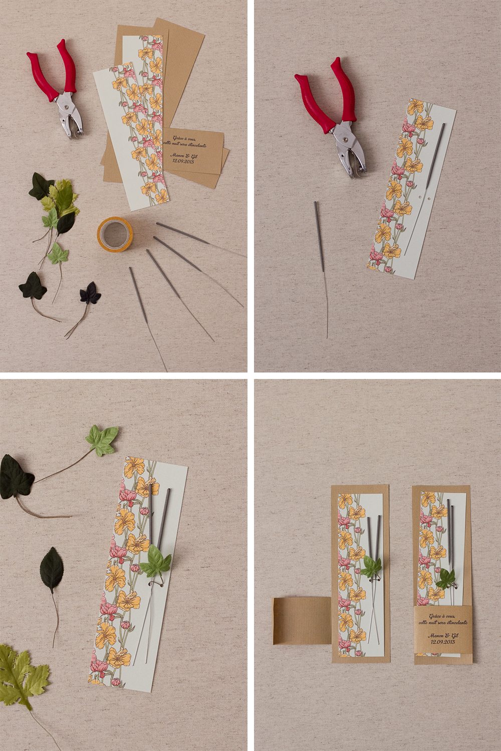 Composition DIY de cierges magiques décorés de fleurs jaunes et roses avec des pinces et du ruban sur fond beige.