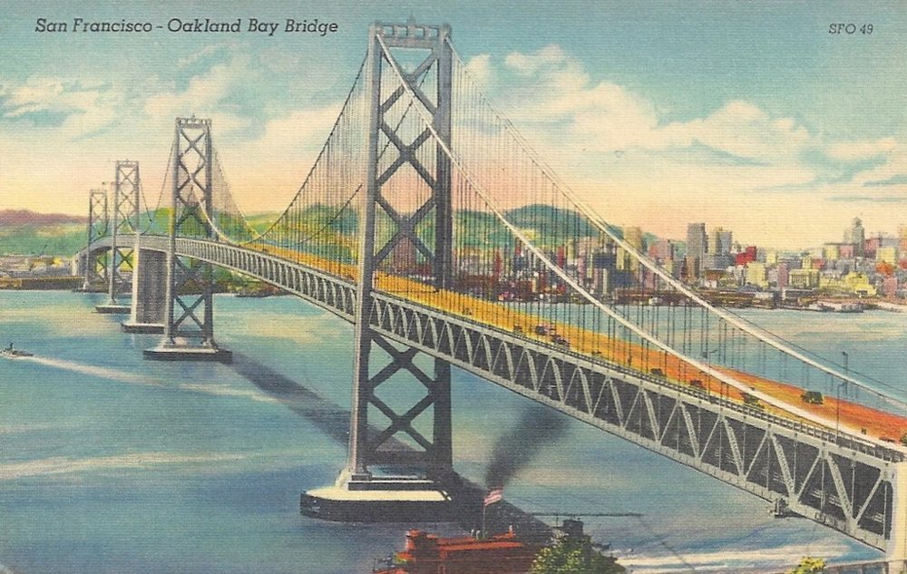 Carte postale vintage colorée du pont San Francisco-Oakland Bay Bridge sous un ciel bleu clair.