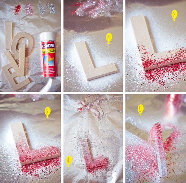 Étapes de fabrication de lettres décoratives en bois avec des paillettes rouges et argentées.