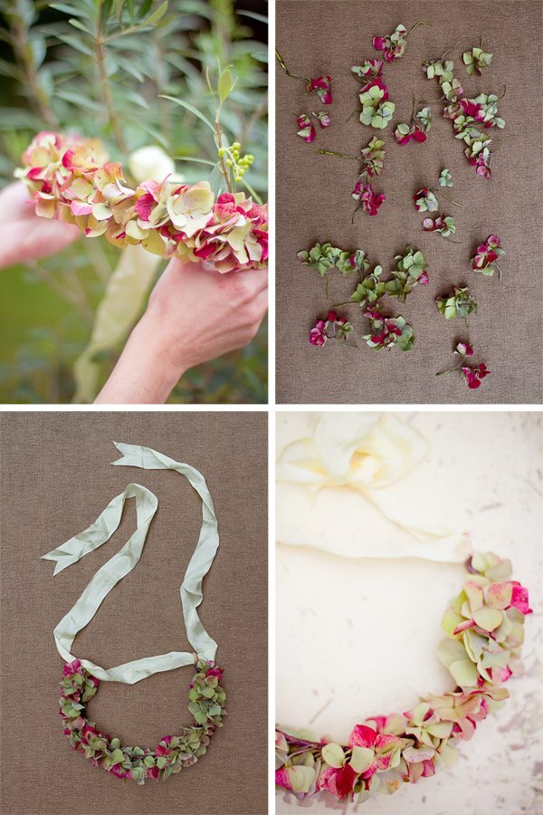 Montage de photos montrant la confection d'une couronne de fleurs en hortensias roses et verts avec un ruban crème.