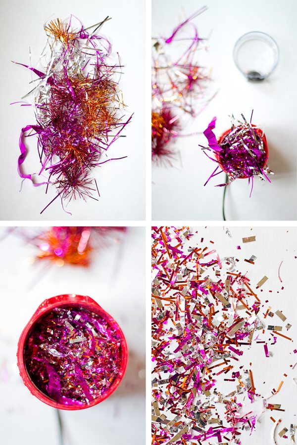 Quatre étapes de fabrication de confettis brillants roses, violets et argentés découpés dans du papier festif.