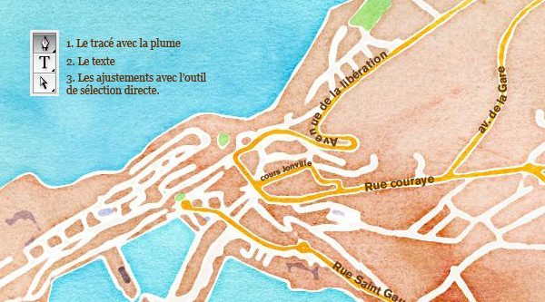 Plan stylisé aux tons aquarelle orange et bleu, illustrant la création d'une carte personnalisée sur Photoshop.