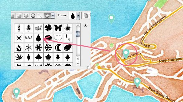 Capture d'écran d'un logiciel de dessin montrant la création d'un plan de ville illustré aux tons pastel.